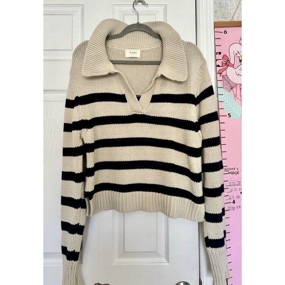 Dissh Knit Sweater Stripped Beige Black Medium Womens Merino Wool Blend - Picture 1 of 6